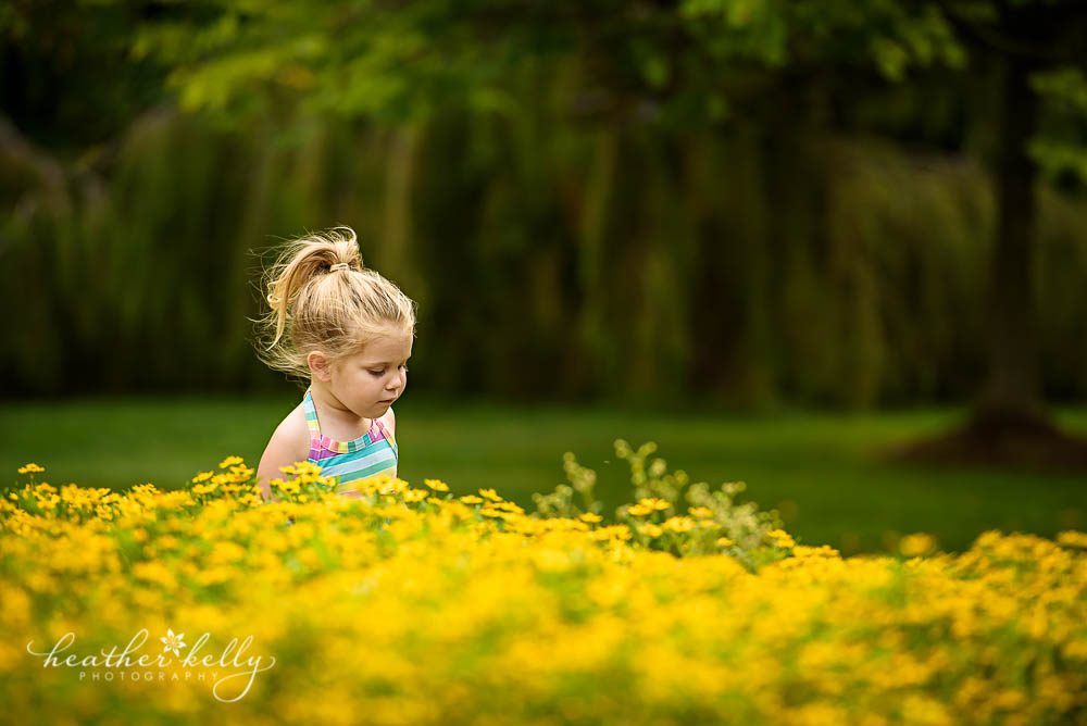 two year old with yellow flowers in Newtown park