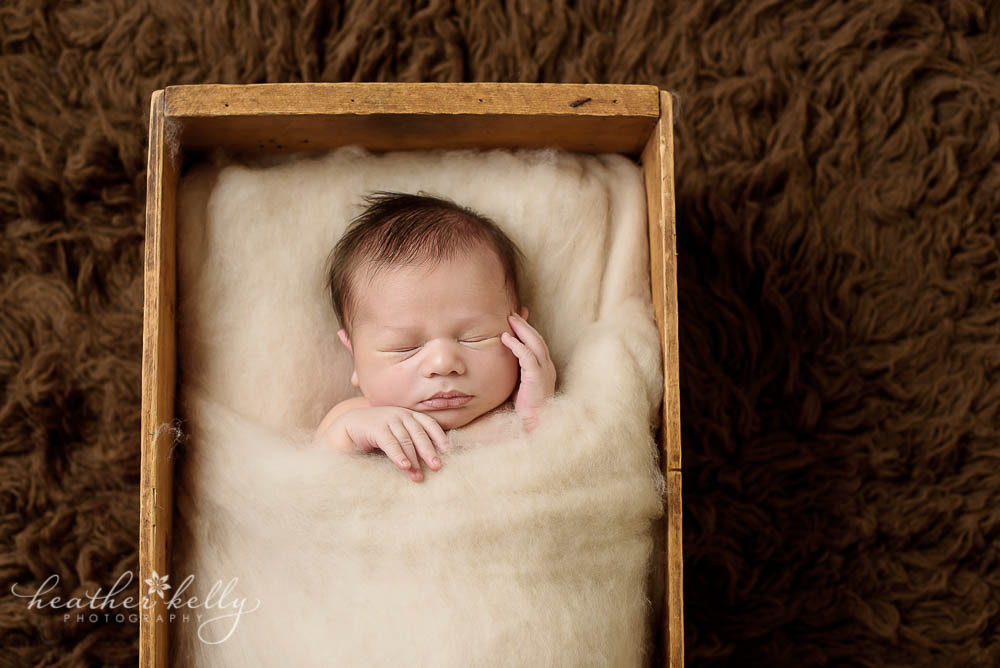 favorite prop pose newborn blog circle. Baby boy in crate. Neutral colors.