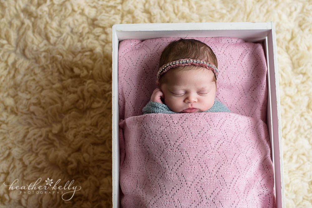 favorite prop pose newborn blog circle of little girl in pink and gray in crate photo