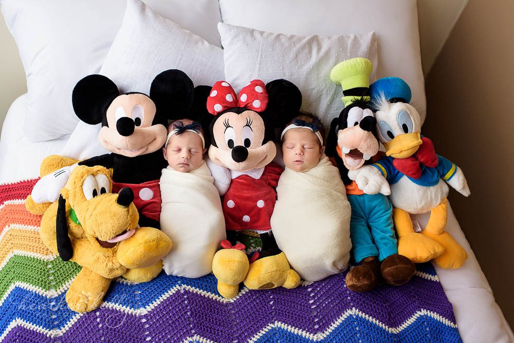 disney inspired newborn twin photography with Disney stuffed animals. Newtown ct twins