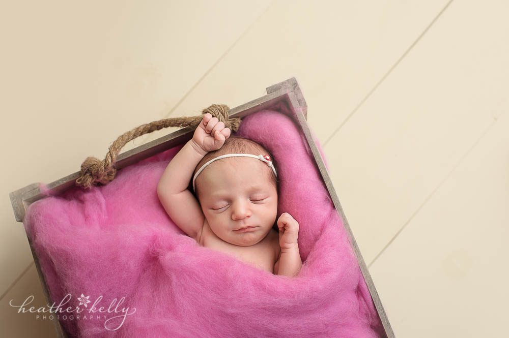 newborn photography ct | newborn girl in crate | mauve and cream newborn photography | newtown newborn photos