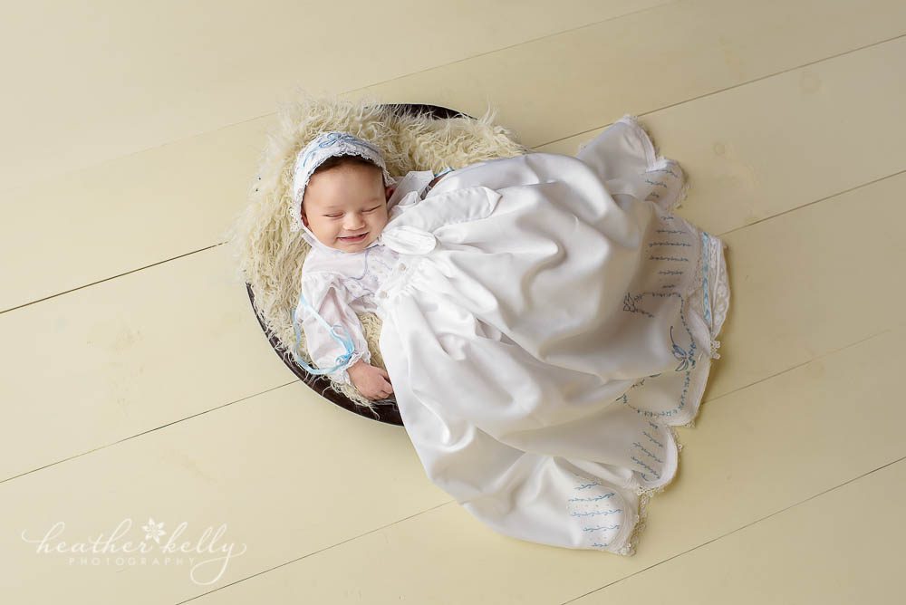 baby girl in baptism gown. 6 week baby. CT baptism photos. 