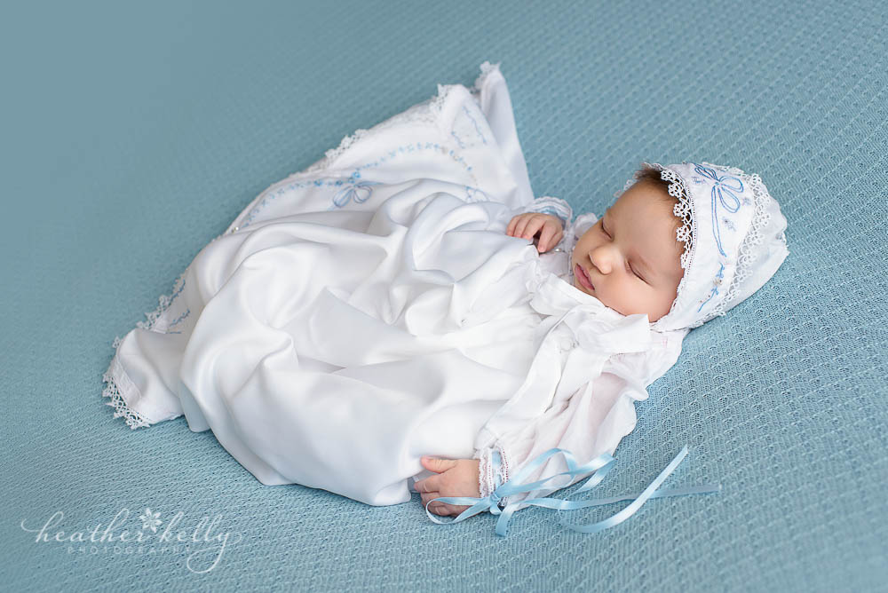 Baptism gown with blue embroidery. Baptism photography. CT Baptism photos. 