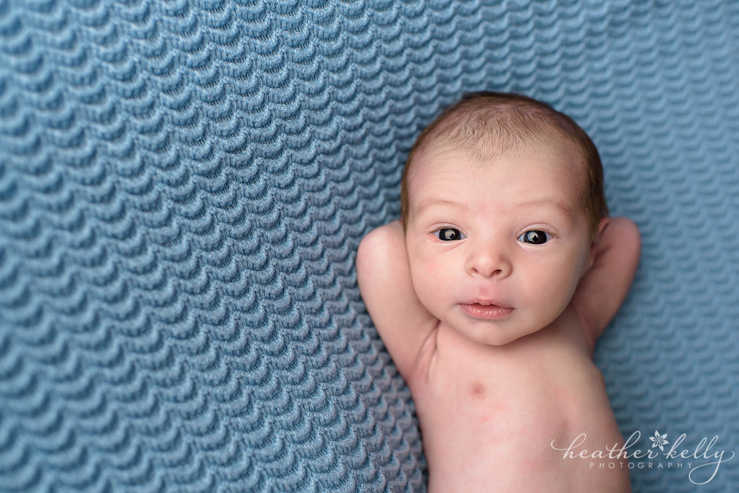 awake newborn boy on back. newborn photography poses. 