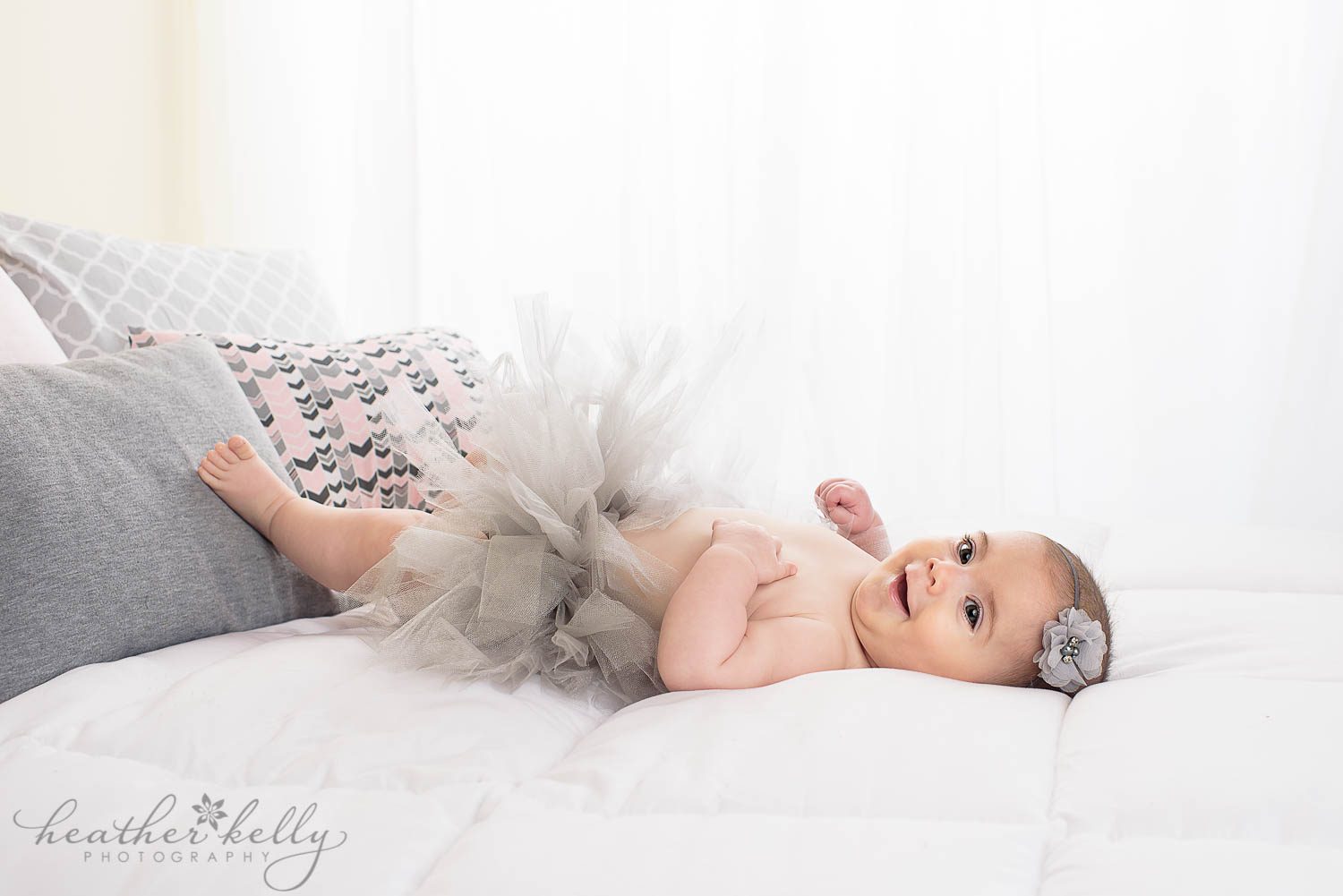 gray tutu and happy baby girl. weston ct baby photographer