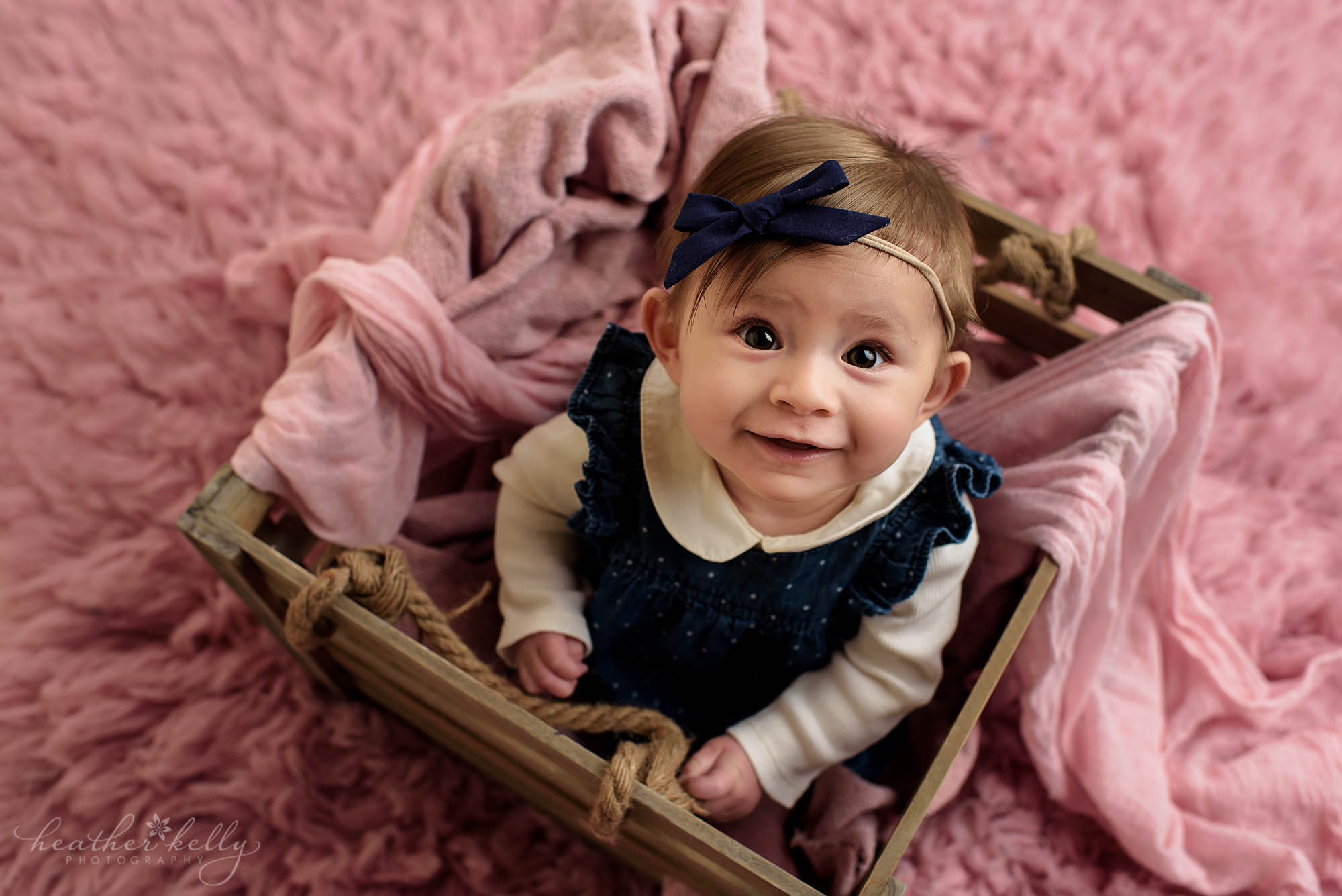 6 month baby girl in crate. monroe baby photography