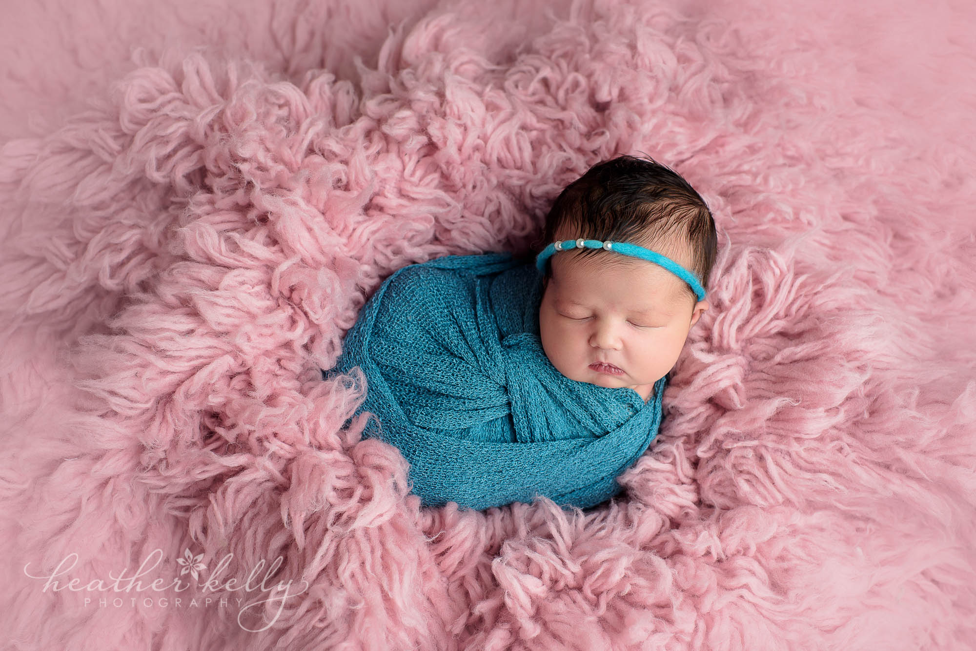 teal wrap and pink flokati. newborn portraits. southbury newborn girl