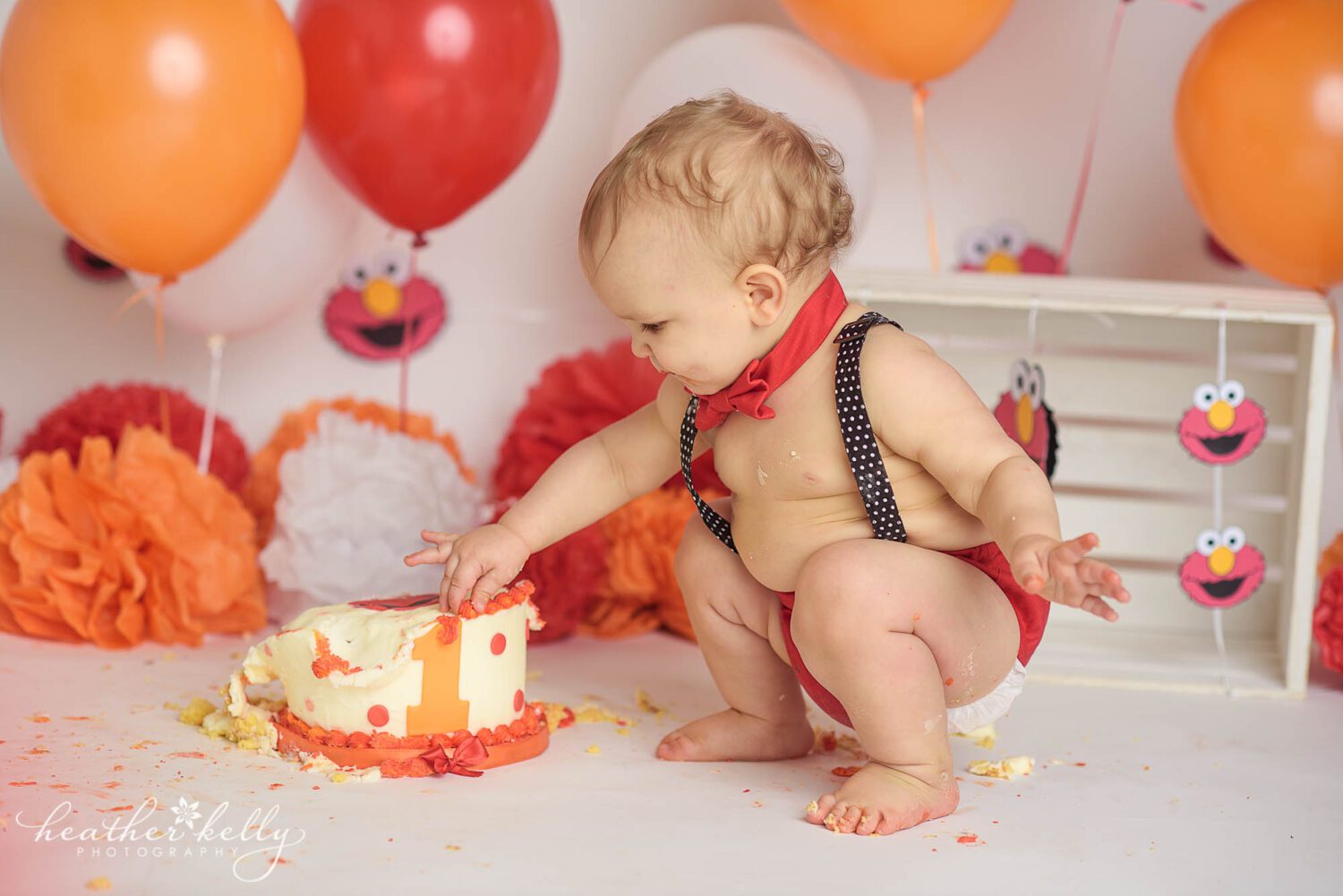 A one year old boy squats and pinches a bit of icing on his smashed in elmo themed cake during his Stratford CT Cake Smash photography session. 