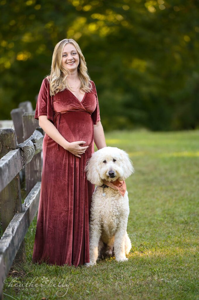a maternity session of a pregnant woman posing with her doodle. She is next to a fence and her hand is on her belly. 